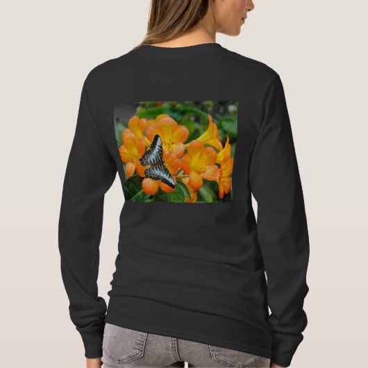 Blauwe vlinder met Tropisch Rhododendron T-shirt (Achterkant)