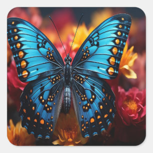 Blauwe Vlinder met Zwarte Oranje Vlekken op Bloem Vierkante Sticker