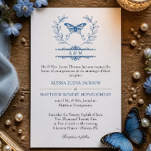 Blauwe Vlinder Monogram Formele Trouwuitnodiging
