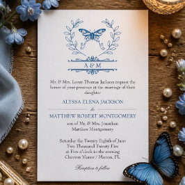 Blauwe Vlinder Monogram Formele Trouwuitnodiging Kaart