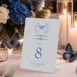Blauwe Vlinder Monogram Trouwtafel Nummer Reclamebord Met Voetstuk