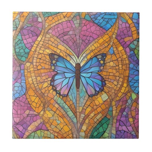 Blauwe Vlinder Mooie Mozaïek Tegeltje (Voorkant)
