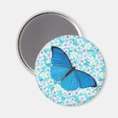 Blauwe vlinder op Aziatische Floral Magneet (Voorkant / Achterkant)