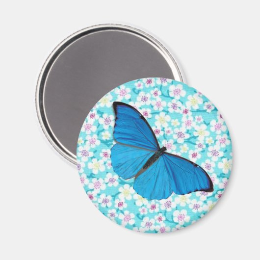 Blauwe vlinder op Aziatische Floral Magneet (Voorkant / Achterkant)