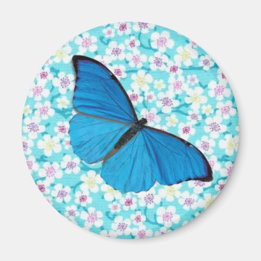 Blauwe vlinder op Aziatische Floral Magneet (Voorkant)