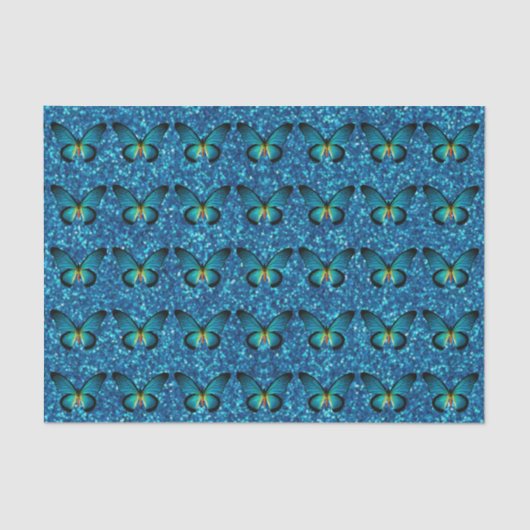 Blauwe vlinder op blauw glitterpapier tissuepapier (Voorkant)