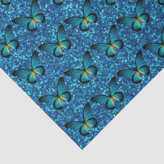 Blauwe vlinder op blauw glitterpapier tissuepapier (Detail)
