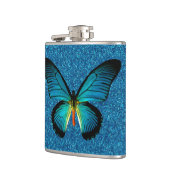 Blauwe vlinder op blauwe glastfles heupfles (Links)