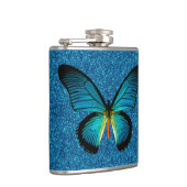 Blauwe vlinder op blauwe glastfles heupfles (Rechts)