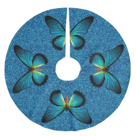 Blauwe vlinder op blauwe glitter boom rok kerstboom rok (Voorkant)
