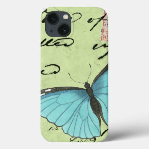 Blauwe vlinder op Blauwgroen Briefkaart iPhone 13 Hoesje