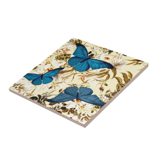 Blauwe vlinder op  Cream Floral Pattern Tegeltje (Zijkant)