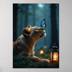 Blauwe vlinder op de neus van de leeuw in mystiek poster