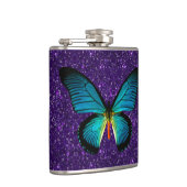 Blauwe vlinder op een Paarse glastfles Heupfles (Rechts)