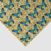 Blauwe vlinder op gouden glitter papier (Detail)