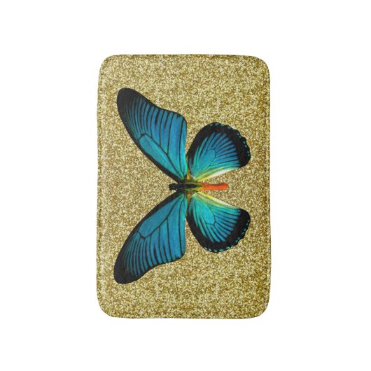 Blauwe vlinder op goudglitter bath mat (Voorkant Verticaal)