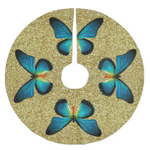 Blauwe vlinder op goudglitterboomrok kerstboom rok
