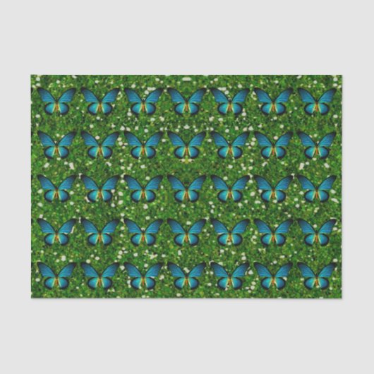 Blauwe vlinder op groenboek over het glitter tissuepapier (Voorkant)