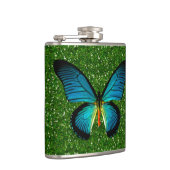 Blauwe vlinder op groene glastfles heupfles (Rechts)