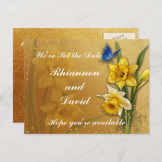 Blauwe Vlinder op narcis Save the Date Briefkaart (Voorkant / Achterkant)