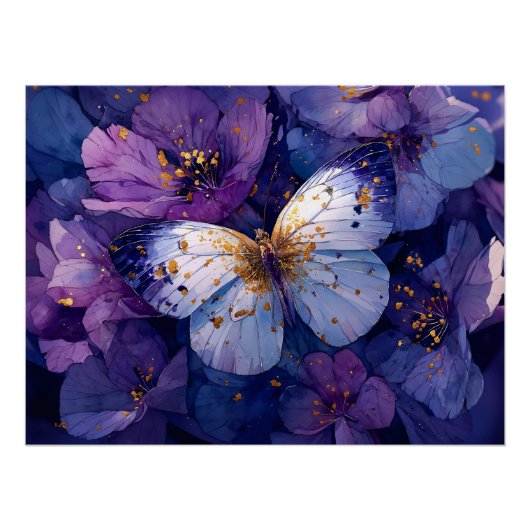 Blauwe Vlinder op Paarse Bloemen Perfect Poster (Voorkant)