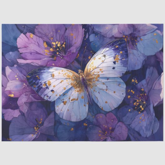 Blauwe Vlinder op Paarse Bloemen Tissuepapier (Voorkant)