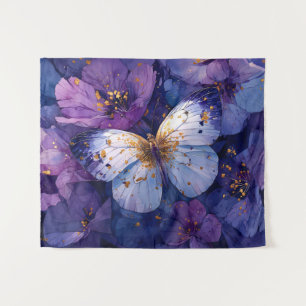 Blauwe Vlinder op Paarse Bloemen Wandkleed