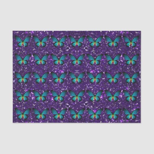 Blauwe vlinder op Paarse glitter tissue papier (Voorkant)