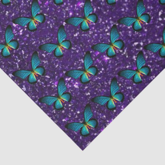 Blauwe vlinder op Paarse glitter tissue papier (Detail)