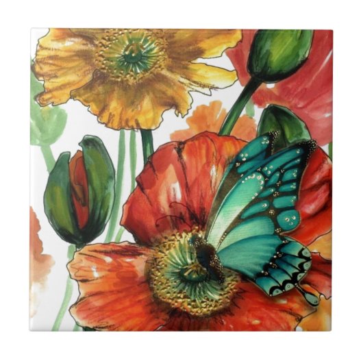 Blauwe vlinder op papavers tegeltje (Voorkant)