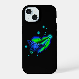 Blauwe Vlinder op Regenboog Hart met Sterren iPhone 15 Case