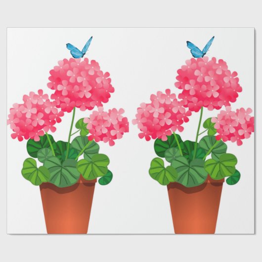 Blauwe vlinder op roze bloemen inpakpapier (Vlak)