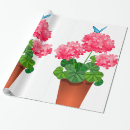 Blauwe vlinder op roze bloemen inpakpapier
