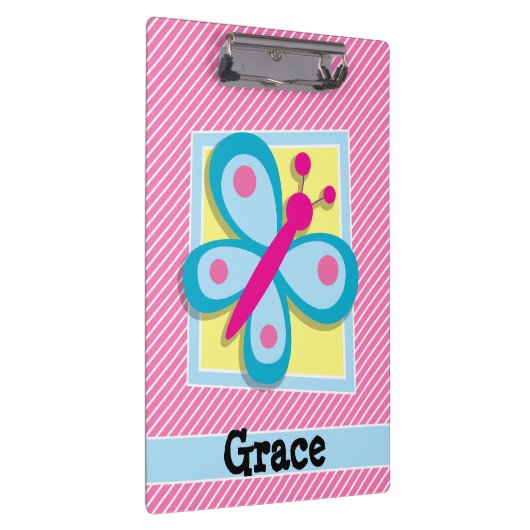 Blauwe vlinder op roze en witte strepen klembord (Rechts)