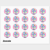 Blauwe vlinder op roze en witte strepen ronde sticker (Vel)