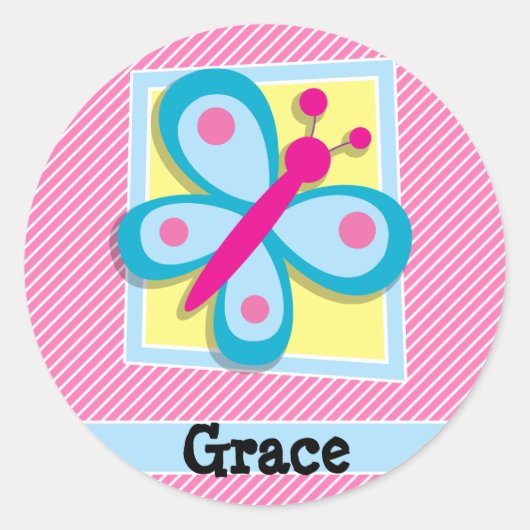 Blauwe vlinder op roze en witte strepen ronde sticker (Voorkant)