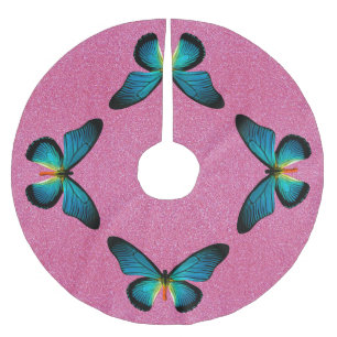 Blauwe vlinder op roze glitterboomrok kerstboom rok