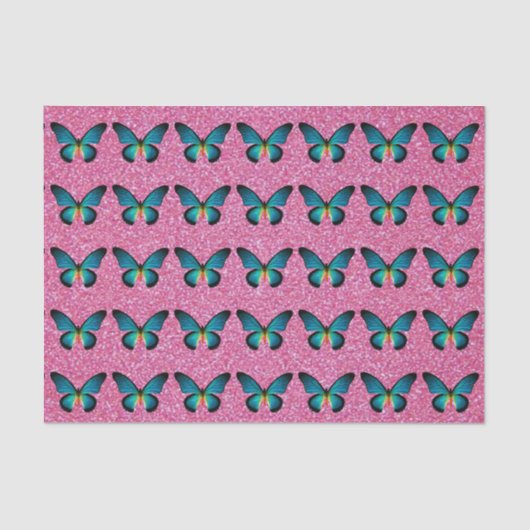 Blauwe vlinder op roze glitterpapier tissuepapier (Voorkant)