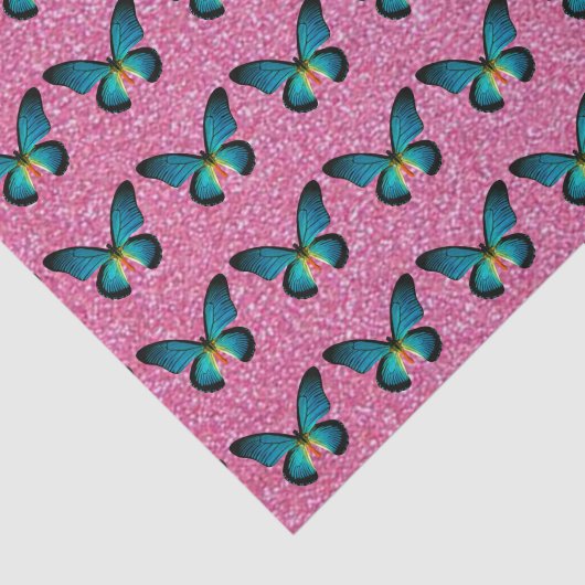 Blauwe vlinder op roze glitterpapier tissuepapier (Detail)