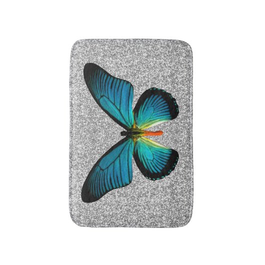 Blauwe vlinder op zilverglitter bath mat (Voorkant Verticaal)