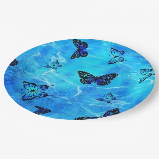 Blauwe vlinder papieren bordje (Gekanteld)
