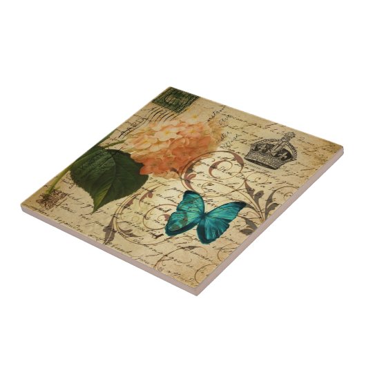 " blauwe vlinder " - parijs frans botanisch tegeltje (Zijkant)