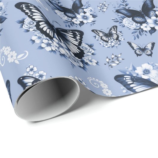 Blauwe vlinder patroon geschenk cadeaupapier (Rol Hoek)