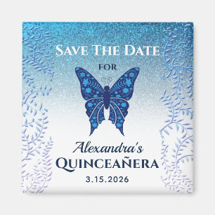 Blauwe Vlinder Quinceañera Bewaar de Datum Magneet