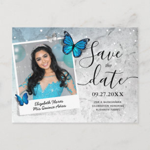 Blauwe Vlinder Quinceanera Foto Save the Date Aankondigingskaart