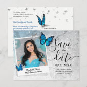 Blauwe Vlinder Quinceanera Foto Save the Date Aankondigingskaart (Voorkant / Achterkant)