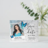 Blauwe Vlinder Quinceanera Foto Save the Date Aankondigingskaart (Staand voorkant)
