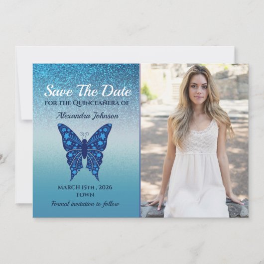 Blauwe Vlinder Quinceañera Save The Date (Voorkant)