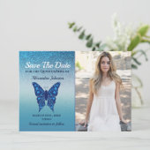 Blauwe Vlinder Quinceañera Save The Date (Staand voorkant)