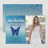 Blauwe Vlinder Quinceañera Save The Date (Voorkant / Achterkant)